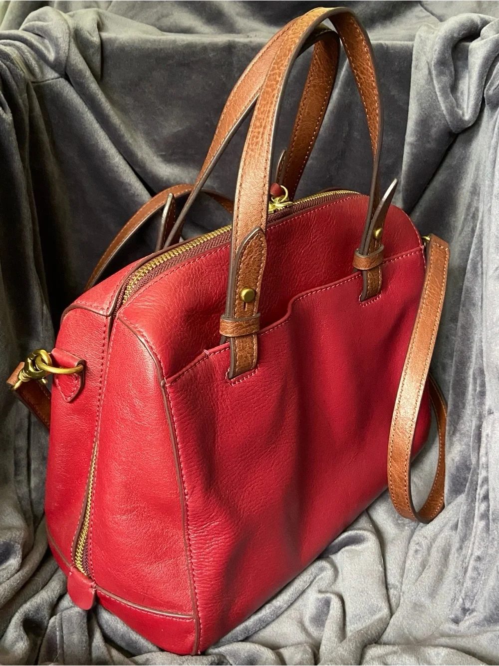 Fossil Rachel Leather Satchel Red Burgundy Crossbody Brown Handles Key Charm